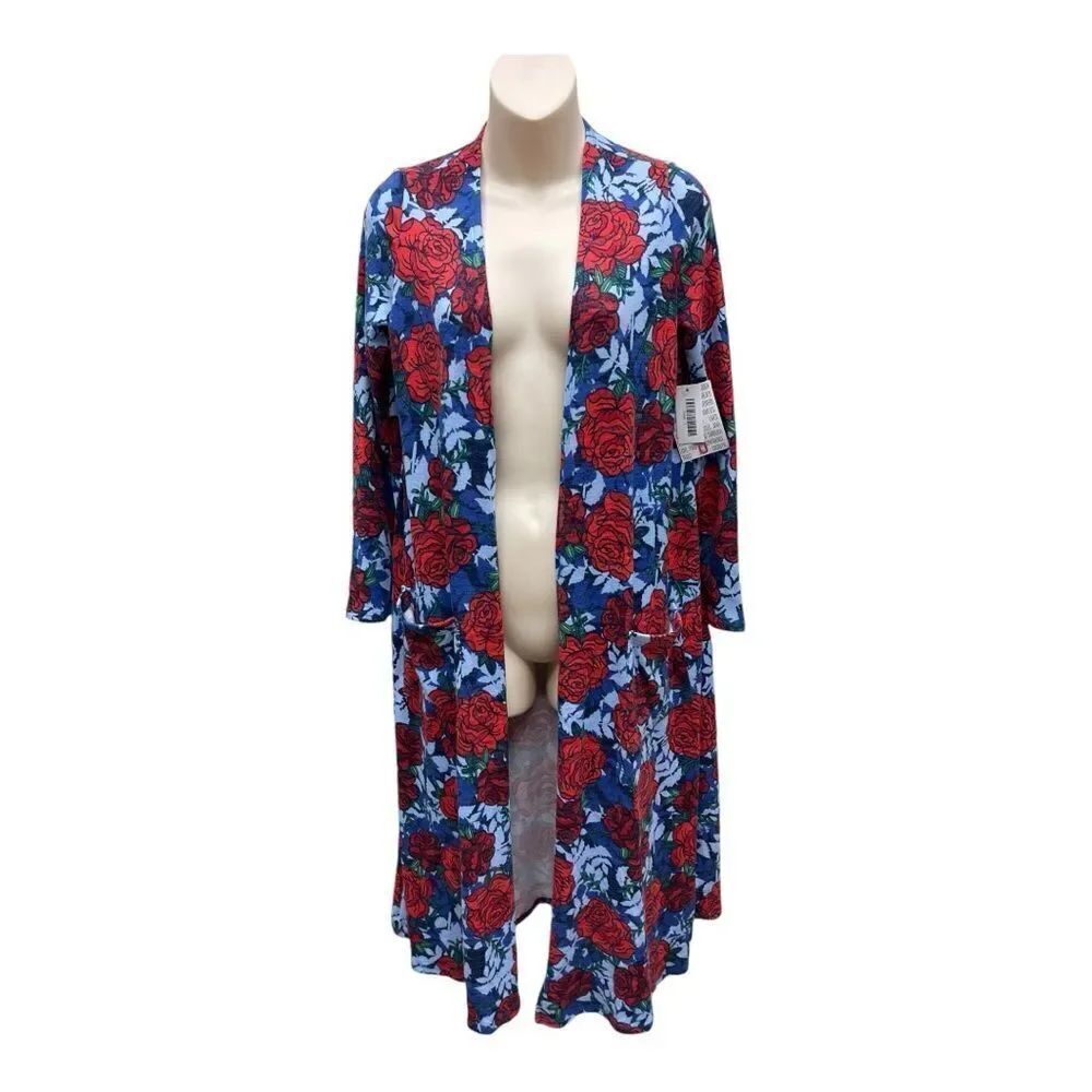 NWT LuLaRoe Sarah Duster Cardigan S Blue Red Rose Floral Print Boho Layering